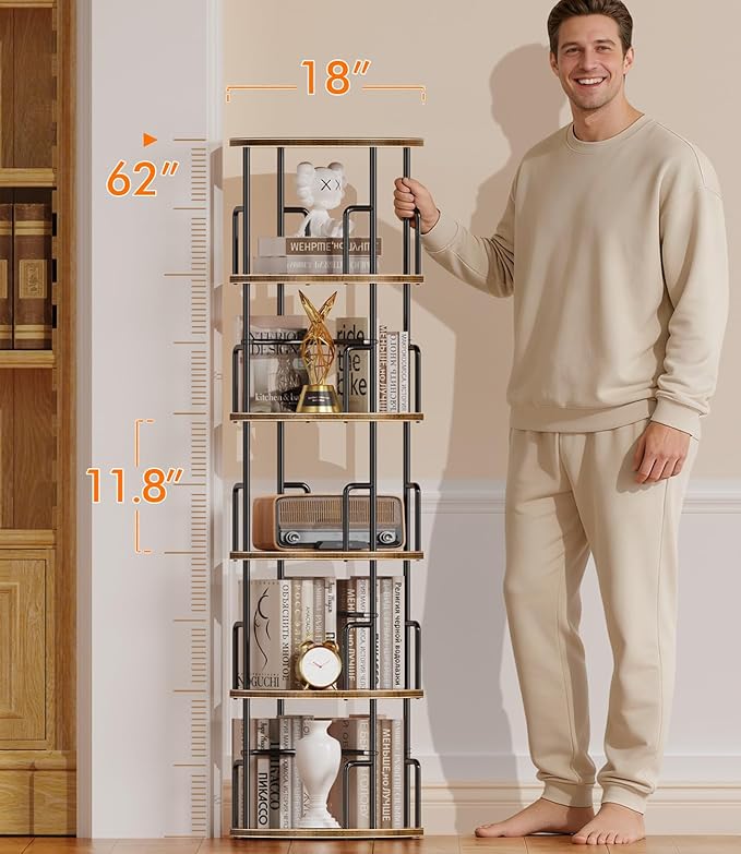 5 Tier Rotating Bookshelf Tower Round,Tall Floor Standing Spinning Bookshelf Tower Anti-Tipping Design,Metal & Wood Revolving Bookcase Stackable Space Saving for Small Spaces,Study,Living Room,Bedroom