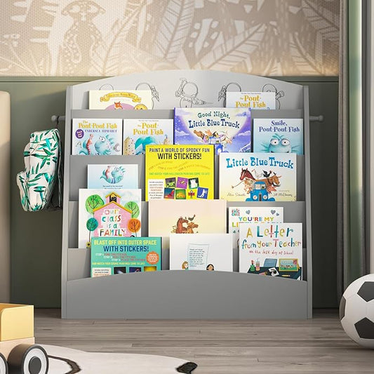 NACHES 5-Tier Kids Bookshelf - Toddler Book Display Shelves, Montessori Bookshelf for Kindergarten, Nursery, Bedrooms, Classrooms - Wooden Children Book Display, Grey