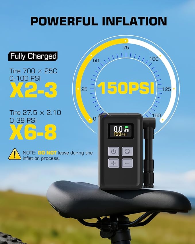 Mini Electric Bike Pump, 29s Fast Inflation, 150PSI Portable Bike Air Pump with Pressure Gauge, Presta and Schrader Valves, Suitable for Road Bikes, Mountain Bikes, Motorcycles, and Balls