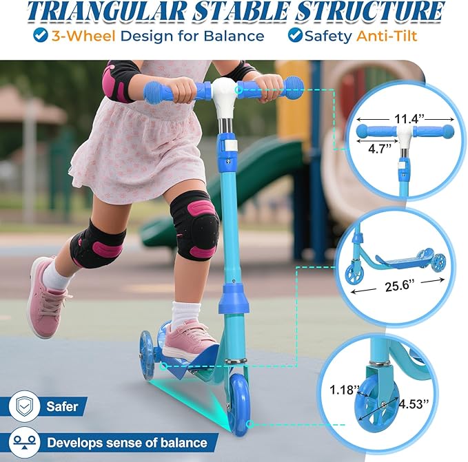 Kids Kick Scooter with Adjustable Height & LED Flash Wheels | 3 Growing Levels | Outdoor Fun for Boys & Girls