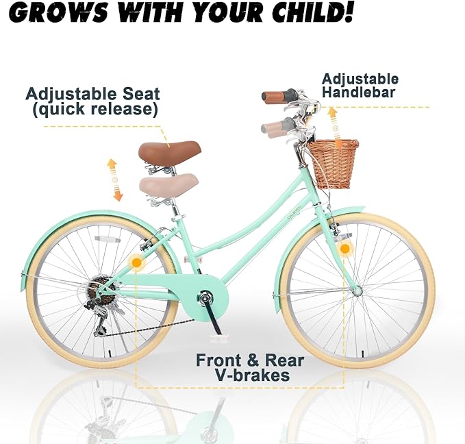 Glerc 20 24 26 Inch Beach Cruiser Bike, 6-Speed Hybrid City Bicycle for Girls Youth and Over 6 Years Old, Missy Bike with Wicker Basket & Lightweight, Multiple Colors