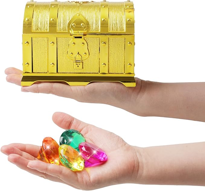 Diving Gems Pool Toys for Kids with Treasure Pirate 16PCS Big Colorful Diamond Jewels, Treasure Chest Dive Pool Gems Toy for Diving Underwater Swimming, Beach, Kids Party Favors Decors.