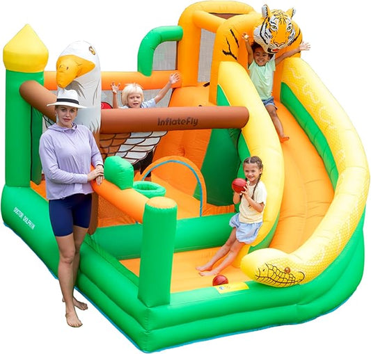 Bounce House with Slide for Kids, Inflatable Bouncy Castle with Blower, Basketball Hoop and Toss Game for Parties