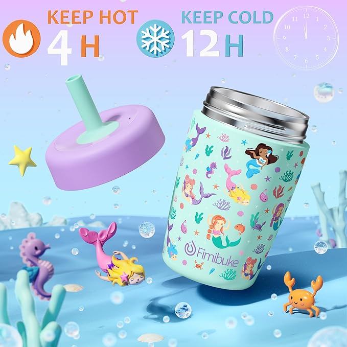 Fimibuke Kids & Toddler Cups Spill Proof, 12 OZ Insulated Sippy Cups for Toddlers Boys Girls, BPA-Free Toddler Straw Tumbler, Stainless Steel Kids Water Bottle with Twist Lids & Silicone Straw, 1 Pack