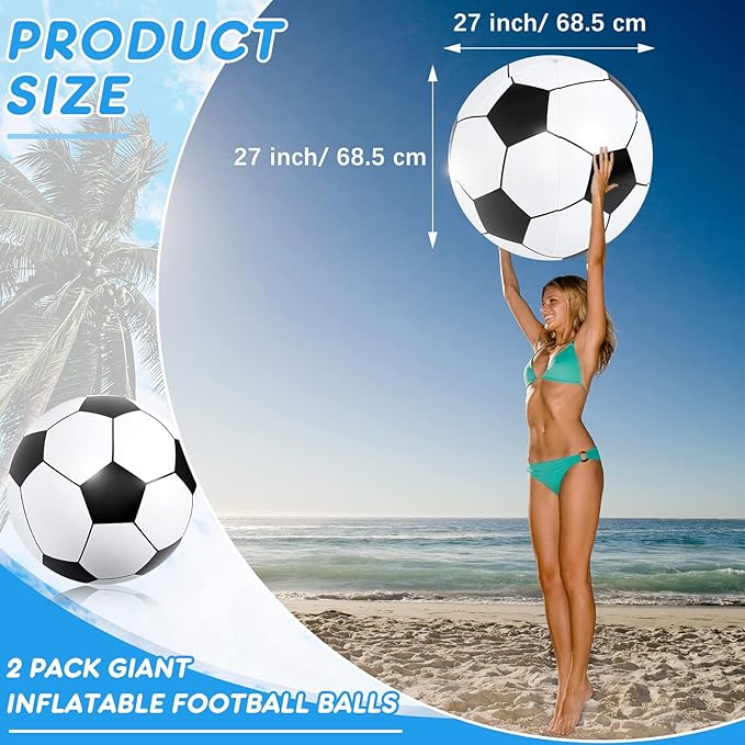 Lewtemi 2 Pcs Inflatable Beach Soccer Ball for Kids 27" Giant Inflatable Football Large Sport Balls for Kids Outdoor Activity Game Pool Toys Decoration Party Favor
