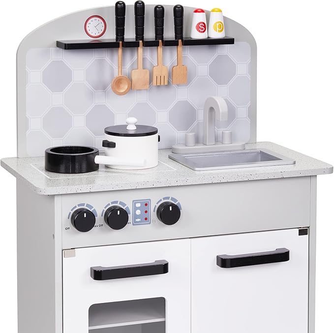 Lil' Jumbl Kids Pretend Kitchen Playset, Pretend Wooden Play Kitchen Toy, Realistic Setup, Includes Pot & Pan, 4 Utensils, Salt & Pepper Shaker, Gray