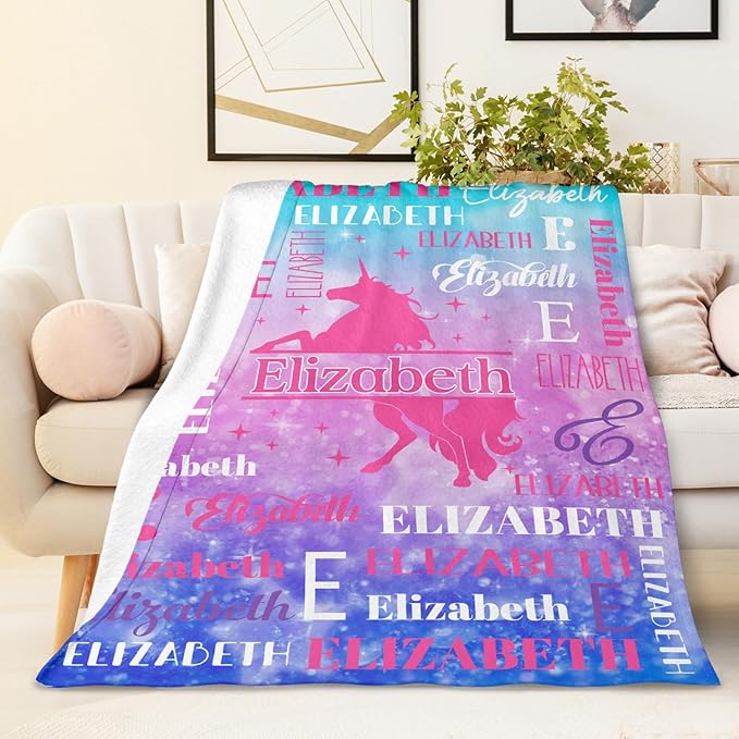 Personalized Unicorn Blankets for Kids Teens Adults, Girls Women Throw Blanket Gifts for Unicorn Lovers, Custom Name Soft Warm Flannel Monogram Blankets Decor for Bed Couch Sofa Home Room