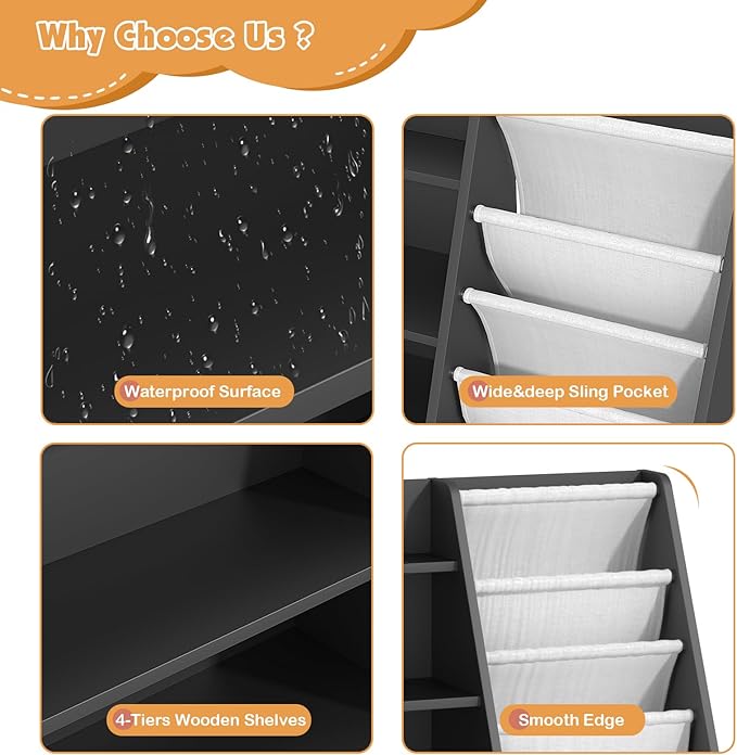 4 Tier Kids Bookshelf Wooden, Five Layer Sling Children Bookcase, Baby Toddler Storage Book Rack, Book and Toy Organizer Cabinet Chest, Book Display Shelf Stand, Playroom Nursery Classroom Library