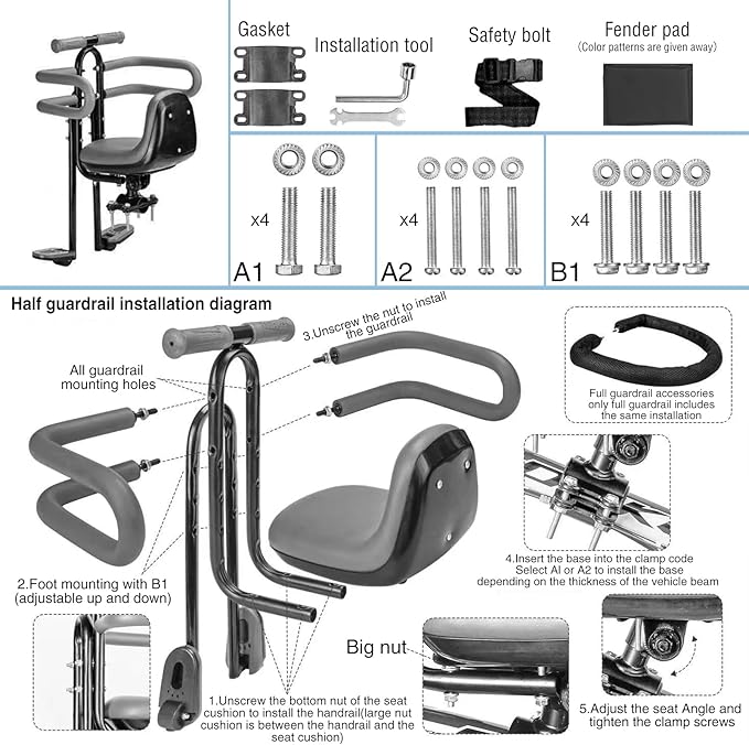 Child Bike Seat - Front Mount, Kids Bike Seat for Adult Bike,Retractable Baby Bike Seat Front Mounted, Toddler Bike Seat for Children 8 Months~4+ Years Old, Brown/Black