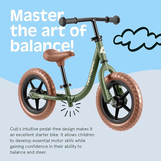 Retrospec Cub Toddler Balance Bike for Ages 18 Months - 3 Years - 12in No-Pedal Beginner Bicycle with Adjustable Seat, Puncture-Proof Tires & Safe Low Frame Design