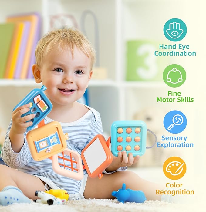 Busy Board for Toddler 2-4, Montessori Sensory Toys for 2 3 4 Year Old, Infant Carseat Travel Airplane Activity Cube Toys, Christmas Stocking Stuffers for 18 Months Boys Girls