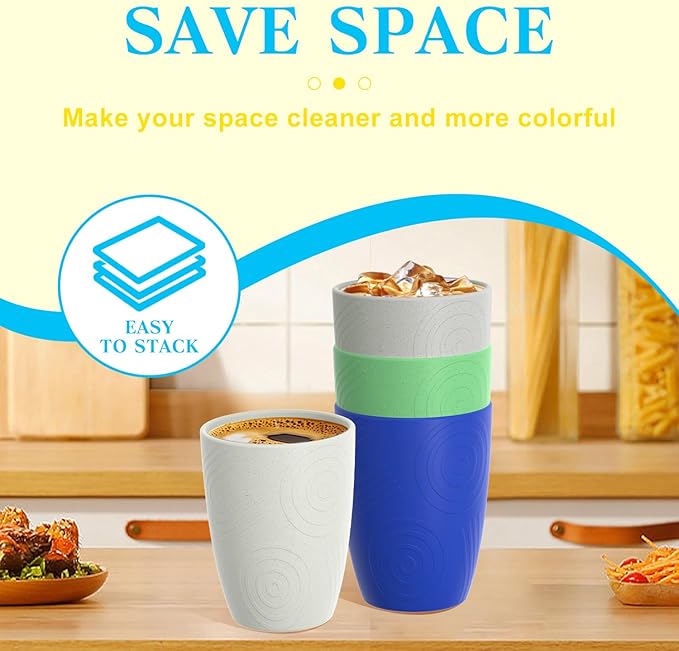 Homienly Wheat Straw Drinking Glasses Set of 4, Unique Texture Reusable Kids Cups, Stackable for Kitchen, Home, Party, Camping, Dishwasher Safe Tumbler 12 OZ - Island Color