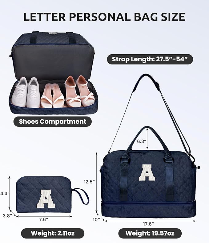 Gifts for Girls - Personalized Initial Duffle Bag with Shoe Compartment, Weekender Travel Bag, Makeup Bag, Navy Blue, 12x7x2 inches