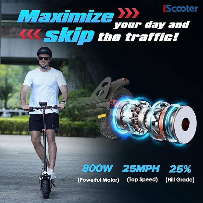 iScooter Electric Scooter, 10" Tires, 800W Motor E-Scooter Up to 25/28 Miles Range, Top Speed 24/28 MPH, Adjustable Handlebar Height, Folding Commuting Electric Scooter for Adults-(Optional Seat)