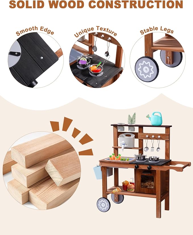 ROBUD Mud Kitchen for Kids Outdoor with Wheels, Wooden Outdoor Play Kitchen, Kids Mud Kitchen with Removable Sink & Faucet, Monteeori Toys for Children Ages 3+ Years, WG403