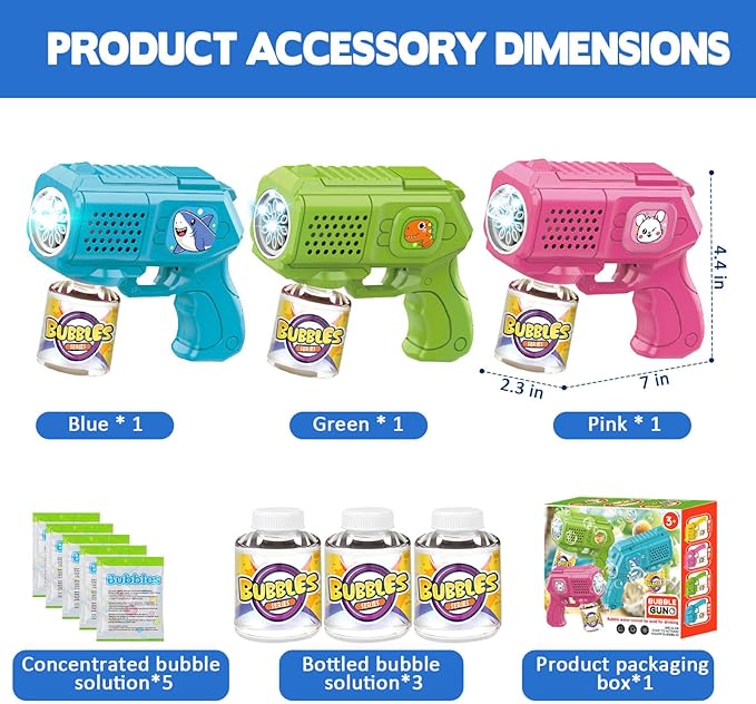 Bubble Guns with Bubble Solution- 3 Pack, Bubbles Gun, Blaster, Blower, Maker, Machine for Boys Girls, Birthday Gifts for Ages 3 4 5 6 7 8 Year Old Kid, Outdoor Toys for Toddlers, Party, Wedding