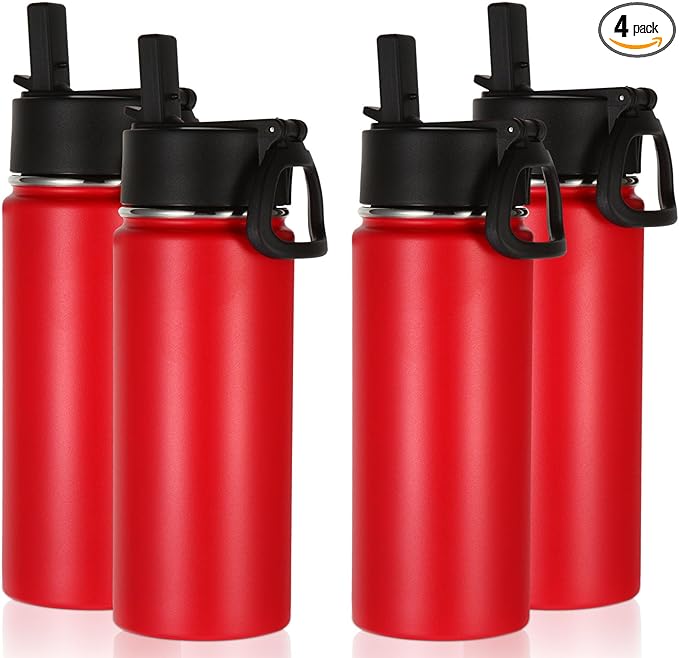 Volhoply 16 OZ Kids Water Bottle Bulk 4 Pack,Insulated Sports Bottles with Straw Lid,Stainless Steel Bottle with Handle Keep Cold & Hot,Double Wall Vacuum Tumbler Cups for School,Girls(Red, 4)