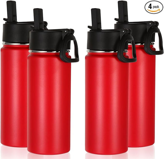 Volhoply 16 OZ Kids Water Bottle Bulk 4 Pack,Insulated Sports Bottles with Straw Lid,Stainless Steel Bottle with Handle Keep Cold & Hot,Double Wall Vacuum Tumbler Cups for School,Girls(Red, 4)