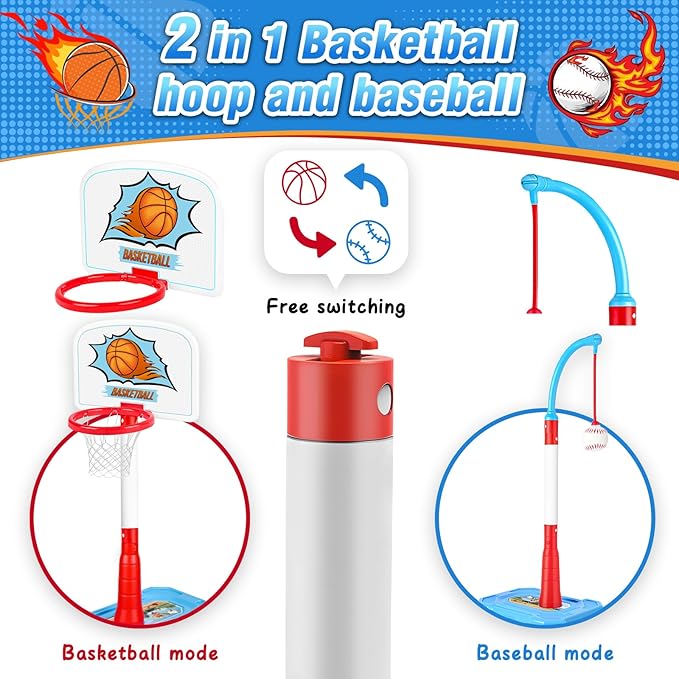 4-in-1 Toddler Basketball Hoop & Tee Ball Set,Adjustable Height Kids Basketball Hoop with Automatic Pitch -Kids Outdoor Sport Birthday Christmas Toys Gifts for Boys Girls