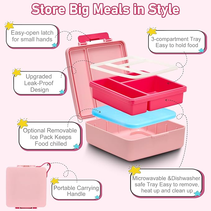 Bento Lunch Box for Kids with 17oz Soup Thermo,Insulated Tumbler Water Bottle and Insulated Lunch Bag,Leak-Proof 3 Compartment Lunch Food Container with Ice Pack for Kids to School-Pink