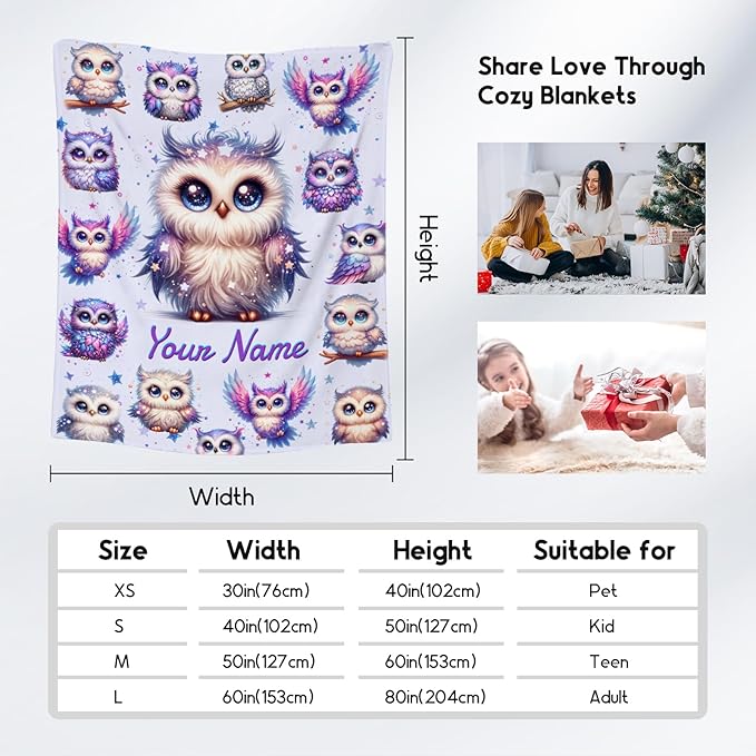 Toddlers Blanket Gifts, Girls Owl Blankets, Personalized Cute Owl Gifts for Granddaughter Daughter, Custom Soft Fleece Kids Throw for Couch, 40"x50"