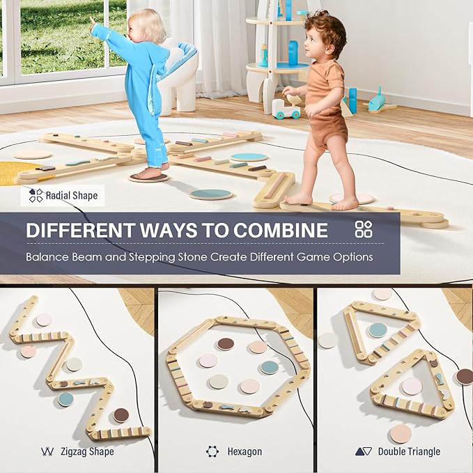 BlueWood Balance Beam for Kids 3-5, Toddler Sensory Wooden Toys and Stepping Stones, Build Coordination Gymnastics Obstacle Motor Skill for Kid