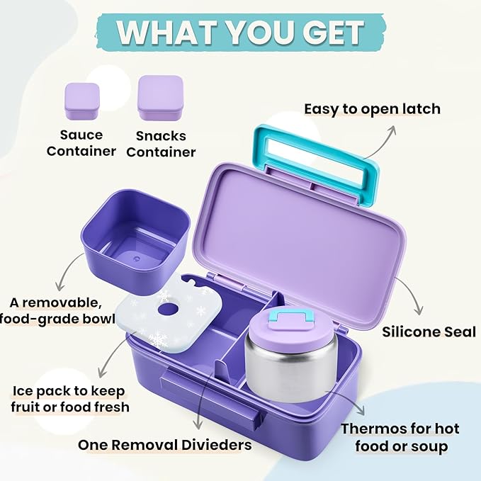 PIQUEBAR Kids Lunch Box with 8oz Thermo, Leakproof Bento Box with Insulated Bag, Kids Insulated Water Bottle, Food Lunch Container for Back to School Girls Boys, Purple