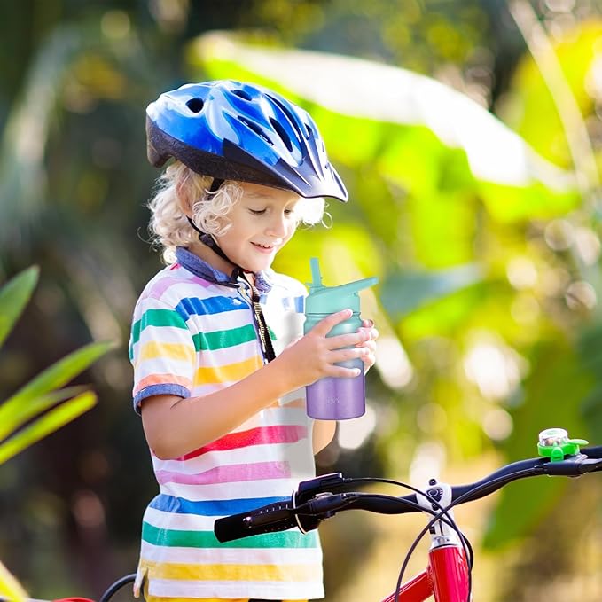 Mininoo Insulated Kids Water Bottle, 12 oz Stainless Steel Water Bottle Kids with Straw Lid and Chug Lid for Girls, Boys (Aurora)