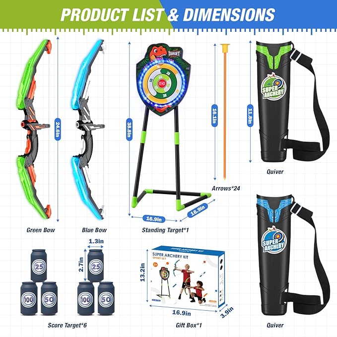 2 Pack Kids Bow and Arrow, LED Light Up Archery Set with 24 Suction Cup Arrows, Indoor Outdoor Sport Dinosaur Toys Gifts for 3 4 5 6 7 8 9 10 11 12 Year Old Boys Girls