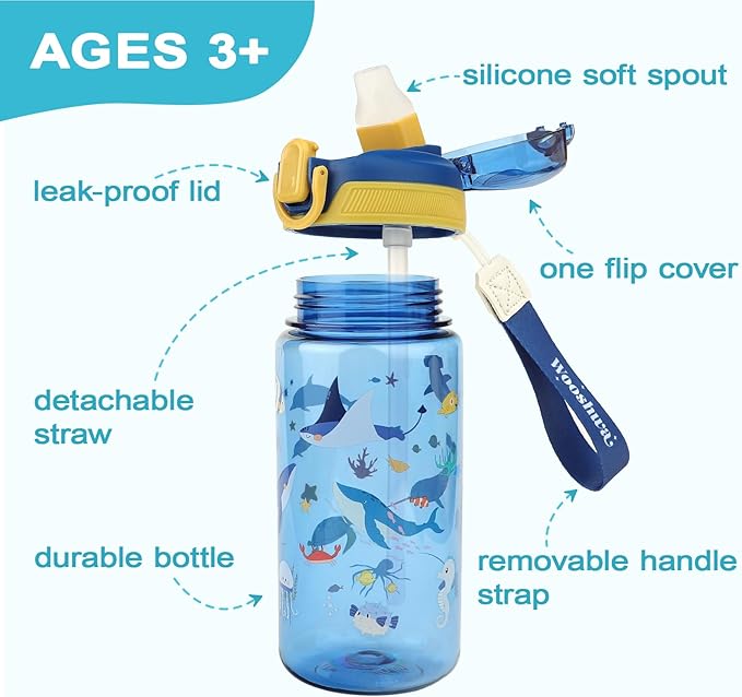 Kids Water Bottle for School or Travel, 20 Oz Durable Plastic Water Bottle with Silicone Straw and Pop-Up Spout Cover, BPA Free & Dishwasher Safe(Ocean Animals)