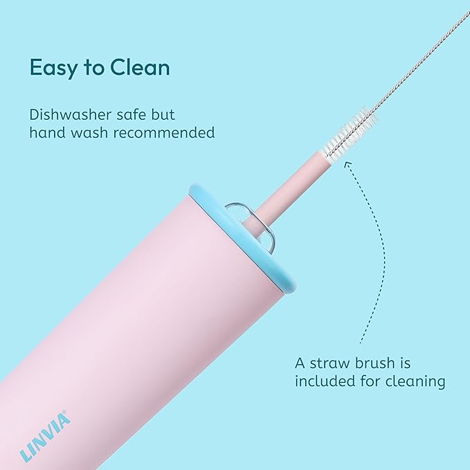 Candy Tumbler, 25 oz Kids Insulated Stainless Steel Water Bottle with Spill Resistant Silicone-Metal Straw and 2-in-1 Lid, BPA-Free, Cup Holder Friendly, Dishwasher Safe, Pastel Pink