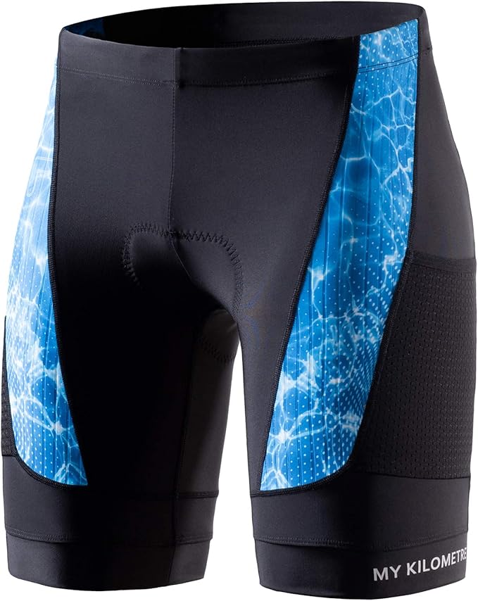 MY KILOMETRE Mens Triathlon Shorts with Adjustable Drawstring Easy Reach Leg Pockets Chamois for Long-Distance Tri Race