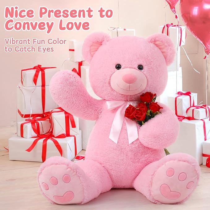 MorisMos 47inch Giant Teddy Bear Stuffed Animal 4ft, Big Teddy Bear Plush for Baby Shower, Cuddly Large Stuffed Bear Gifts for Kids, Girls, Girlfriend, Women on Valentine, Christmas, Birthday（Pink）