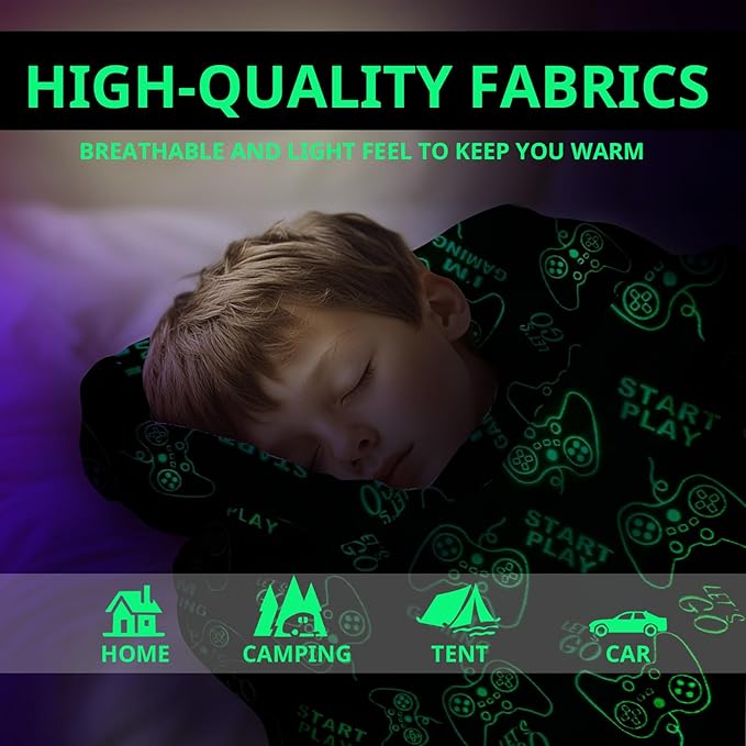 Wesan Gaming Gamer Glow in The Dark Blanket Boys Kids Teens Birthday Christmas Easter Age 1 to 13 Video Game Toys Fun Fluffy Plush Throw 50"x60"