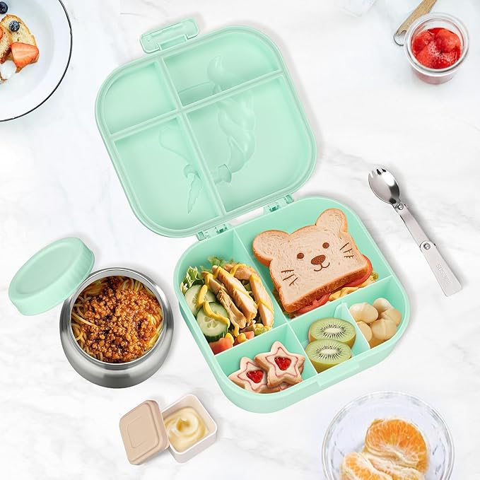 Kids Lunch Box Set -12oz Insulated Food Jar, Thermal Bag,Leakproof Lunch Food Containers Cutlery (BPA Free)-Gift for Girls/Boys Age 3-10(Green)