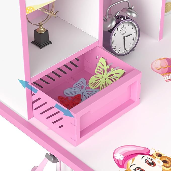 Upgraded Kid's Desk and Chair Set, Adjustable Children's Study Table with Bookshelf and Storage Drawer, 50-Degree Tiltable Desktop with Chair for Bedroom (Pink not Leaning)