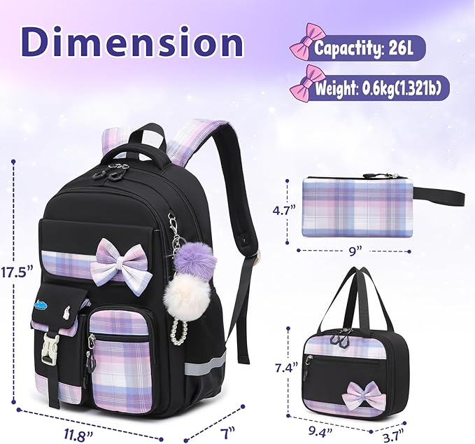 School Backpack for Girls Kids Bookbag for Elementary Middle School Casual Travel Daypack Teen Backpacks Black Set