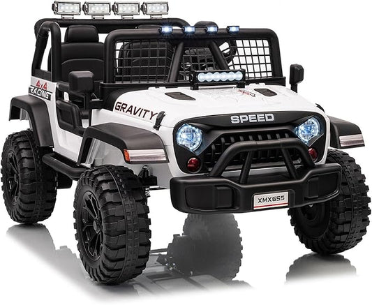 24V Ride on Car for Kids, 2 Seater Electric Truck with Parent Remote Control, Spring Suspension, 2 Speeds, LED Headlight & Music Player, Kids Electric Vehicle for Aged 3-8 Years, White