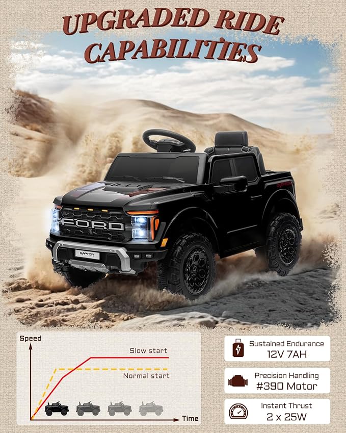 First Ride On 12V Licensed Ford F-150 Raptor Kids Ride on Toy, Ride on Truck with Parent Remote Control, Electric Car for Kids with Truck Bed Storage, 3 Point Safety Belt, LED Lights (Black)