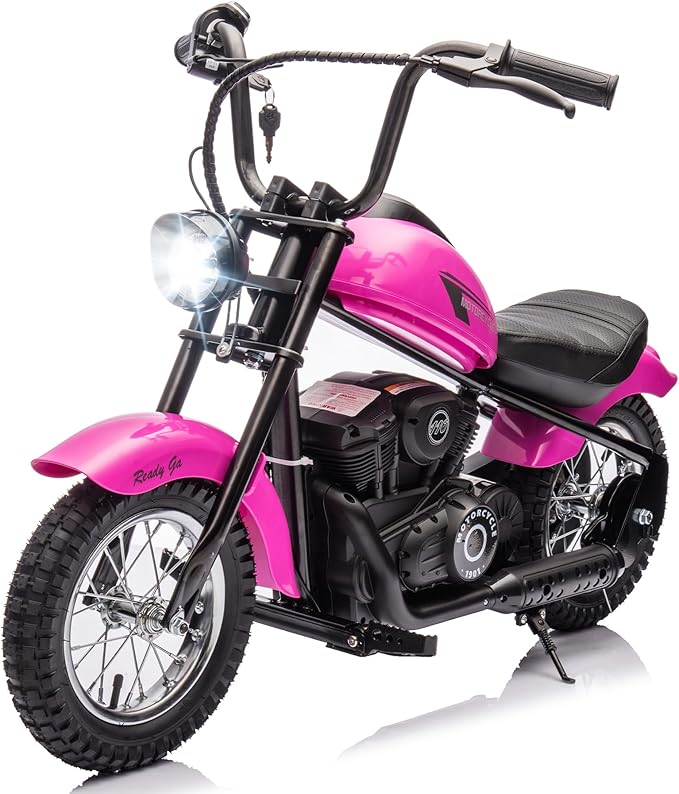 24V 9AH Electric Dirt Bike for Kids, 250W Strong Motor 13.6MPH Fast Speed Electric Retro Off-Road Motorcycle, Leather Seat Dirt Bike, LED Lights, Air-Filled Tires, Pink