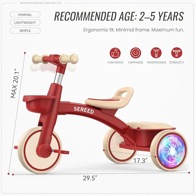 SEREED Colorful Lighting Toddler Tricycle for 2-5 Years Old Boys Girls, Adjustable Seat&Handlebar Trike, Removable Basket, Birthday Gift Idea for Kids Ages 2+ (Red)