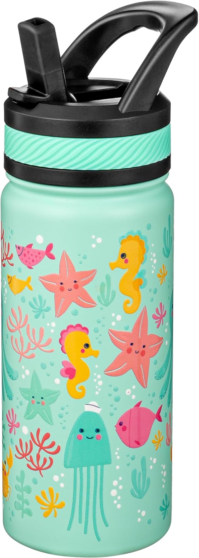 Fanhaw 18 Oz Kids Insulated Water Bottle with Straw - Stainless Steel Double Wall Vacuum Cup, Leakproof, BPA Free, Suitable for Boys and Girls(Green - Octopus)