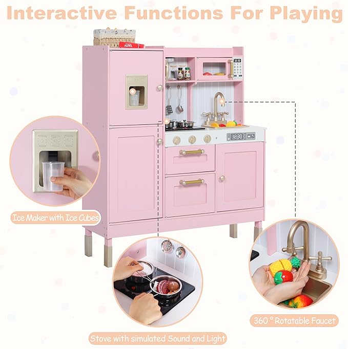Play Kitchen for Kids, Wooden Kids Kitchen Playset with Realistic Sounds, Children Pretend Toy Kitchen Playset w/Stove, Oven & Ice Maker, Little Chef Play Kitchen for Girls and Boys, Pink