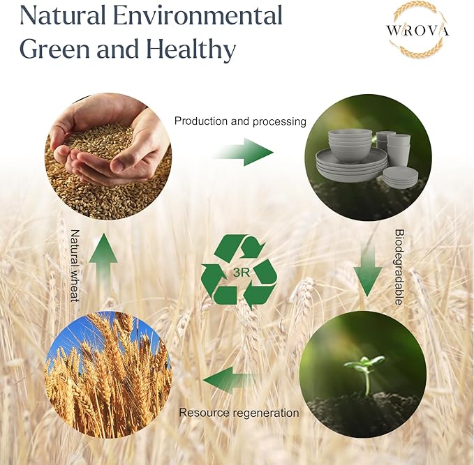 Wrova Wheat straw plates and bowls sets of 16 - Unbreakable wheat straw dinnerware sets for party - Alternative plastic dinnerware set for camping,party and R.V. Grey