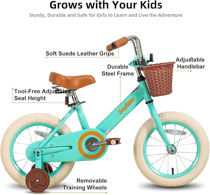 JOYSTAR Vintage Kids Bike with Training Wheels & Basket, 12 14 16 Inch Girls Bike for 2-7 Years Old, Children Bicycles, Multiple Colors