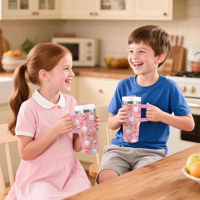 Rabbit Gifts for Kids - 14 Oz Pink Kids Tumbler with Handle and Straw, Stainless Steel Insulated Tumbler, Sweatproof, for Sports, School, Travel - Bunny Lovers Children Birthday Gifts Cups(1pc)