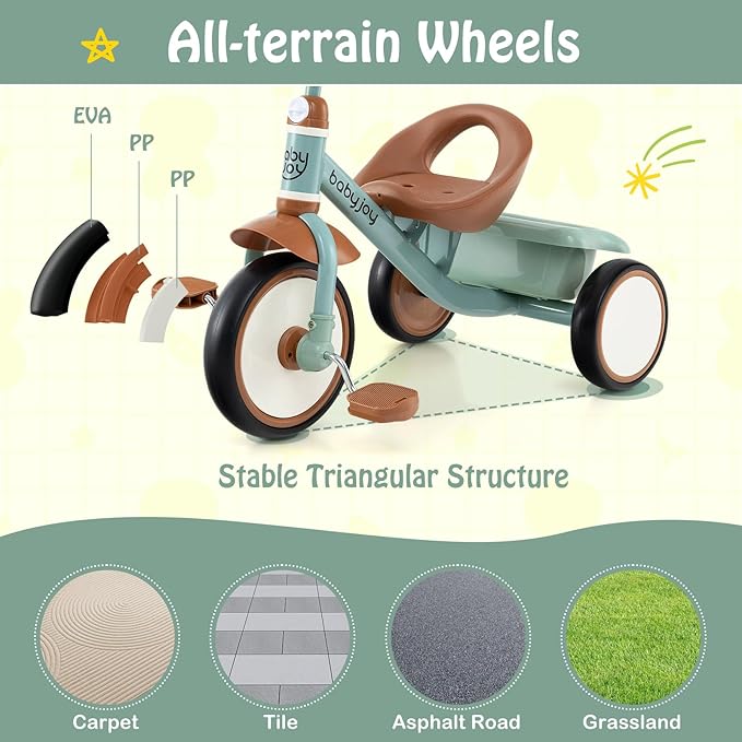 BABY JOY Toddler Tricycle, Kids Trike with Adjustable Seat and Storage Basket for Boys Girls Indoor and Outdoor Riding, Toddler Trike for Baby 3-5 Years Old (Green)