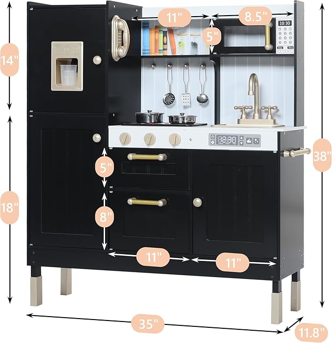 Play Kitchen for Kids, Wooden Kids Kitchen Playset with Realistic Sounds, Children Pretend Toy Kitchen Playset w/Stove, Oven & Ice Maker, Little Chef Play Kitchen for Girls and Boys, Black