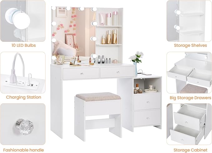 ANWBROAD Makeup Vanity Desk with Mirror & 10 LED Lights Big Vanity Set with Charging Station, Nightstand, Drawers, Storage Shelves, Stool, Bedroom Dressing Table for Women Girls White UBDT13W