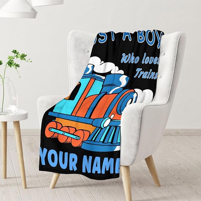 Personalized Train Gifts for Men, Boys - Soft Warm Train Blanket with Name - 50"x60" Inches Blankets for Couch - Black Vintage Throws